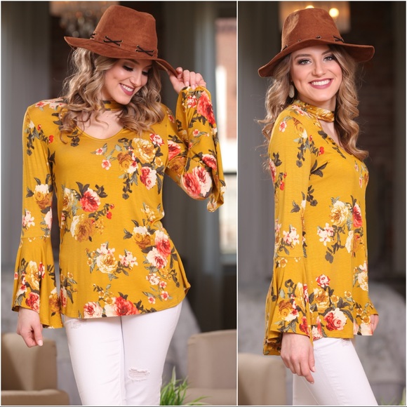 ✨LAST✨Mustard floral bell sleeve choker neck tunic - Picture 2 of 6